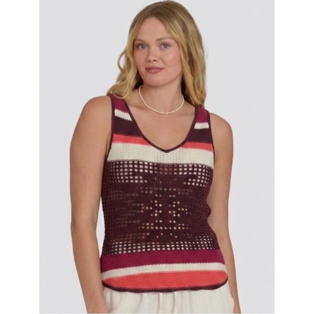 Roxy Striped Crochet Open Knit Racerback Tank Top Womens Size Large V-Neck